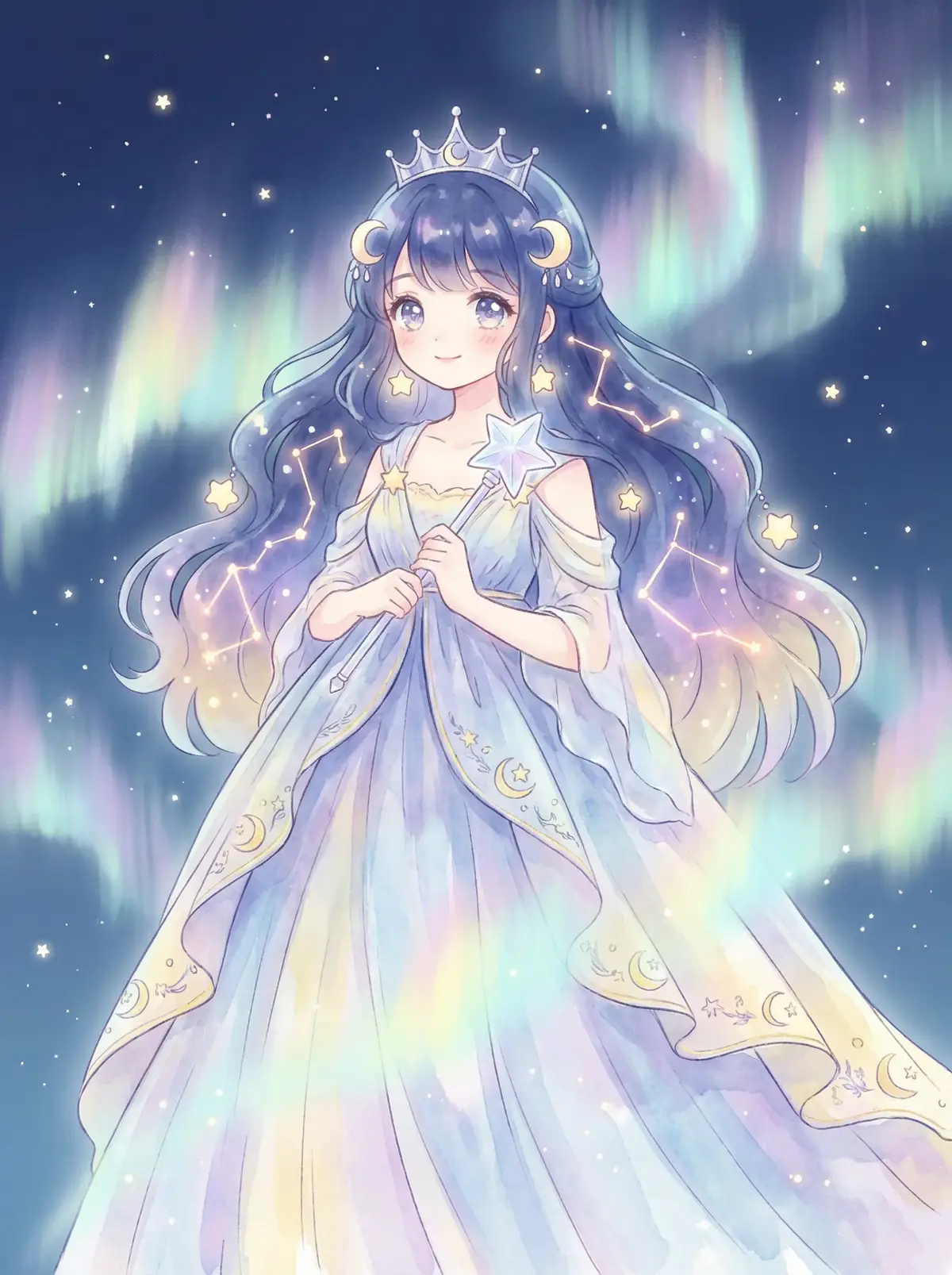 天使萌作品 - 星辰公主希尔角色设定图，手持星光权杖